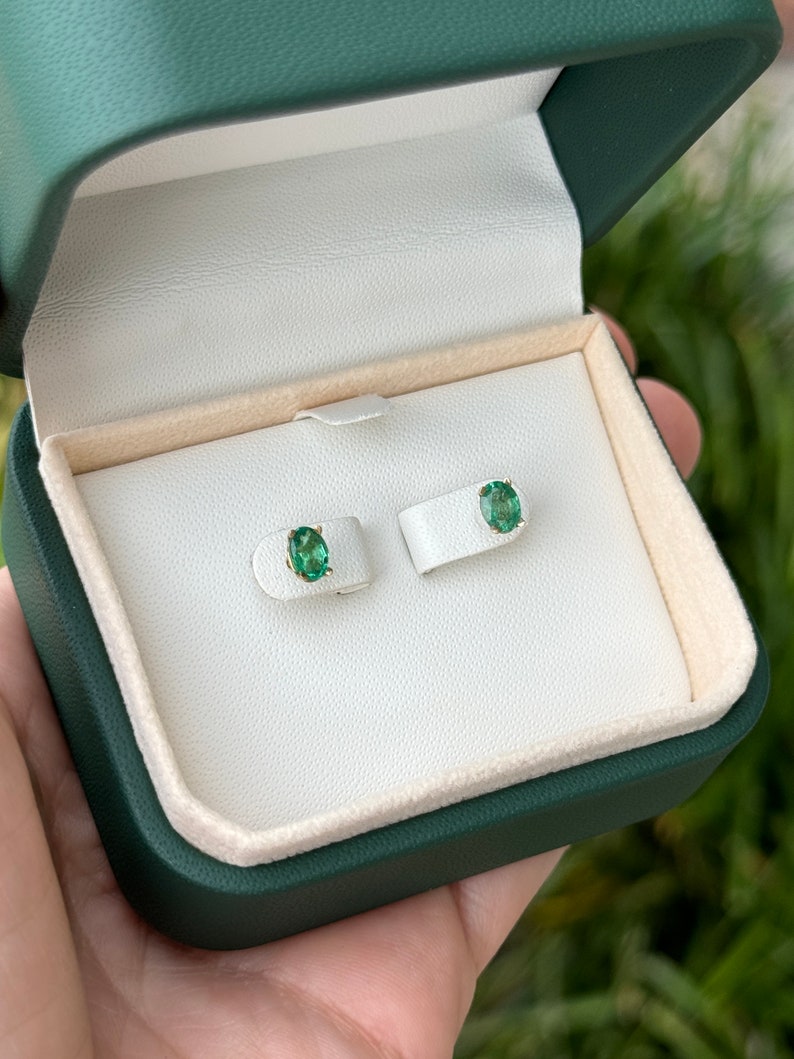 0.80tcw 14K Rich Green Petite Oval Cut Four Prong Emerald Baby Studs Earrings - JR Colombian Emeralds