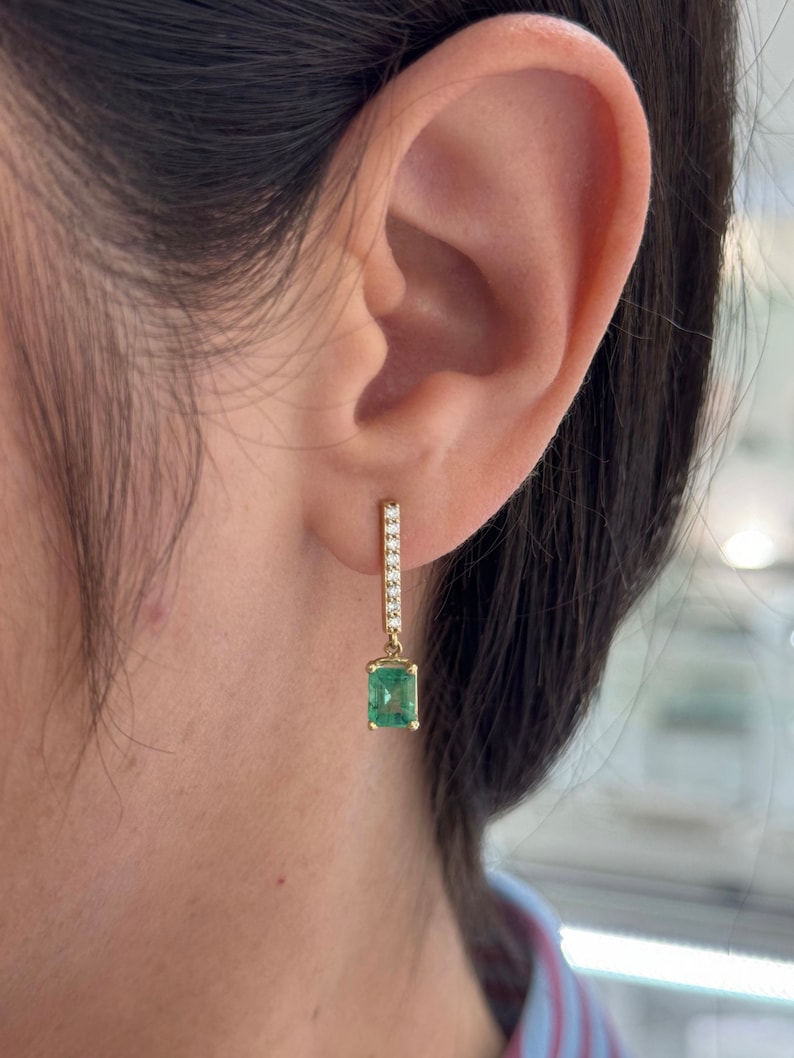 2.20tcw 14K Gold Natural Emerald & Pave Diamond Bar Dangle Earrings - JR Colombian Emeralds