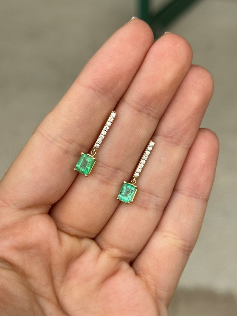 Chic Natural Emerald & Diamond Bar Dangle Earrings in 14K Gold