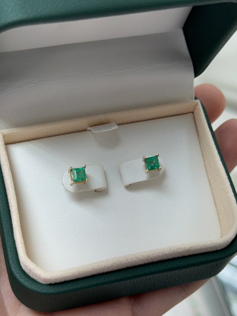 0.80tcw 14K Princess Cut Four Prong Set Emerald Lush Deep Green Asscher Baby Studs Earrings - JR Colombian Emeralds