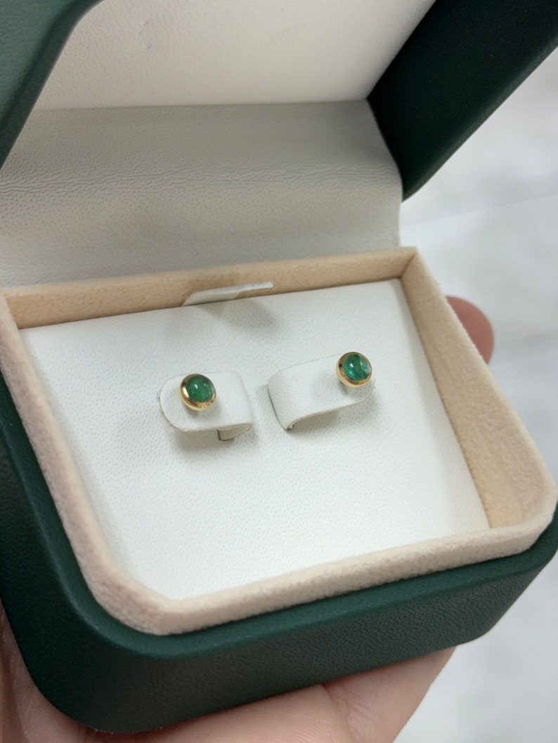 0.55tcw 14K Natural Lush Medium Dark Green Round Cabochon Cut Emerald Petite Baby Stud Earrings - JR Colombian Emeralds