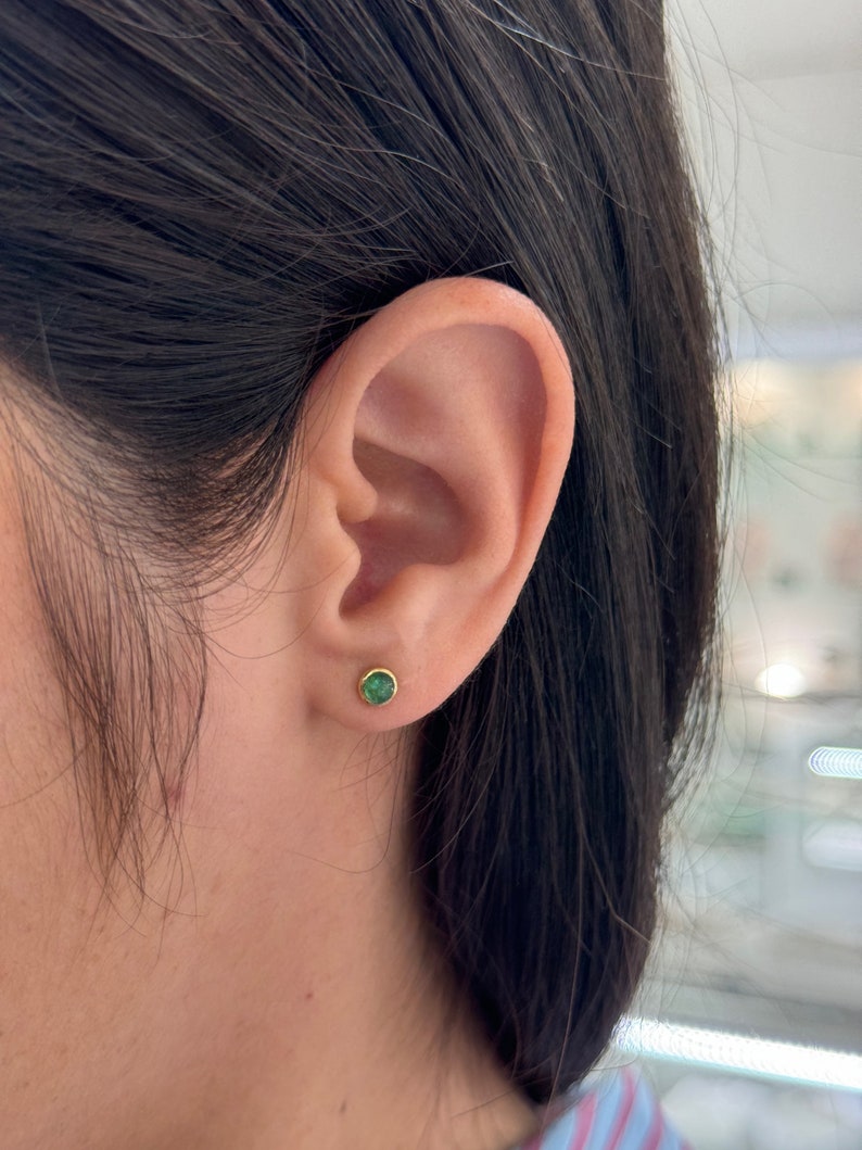 0.55tcw 14K Natural Lush Medium Dark Green Round Cabochon Cut Emerald Petite Baby Stud Earrings - JR Colombian Emeralds