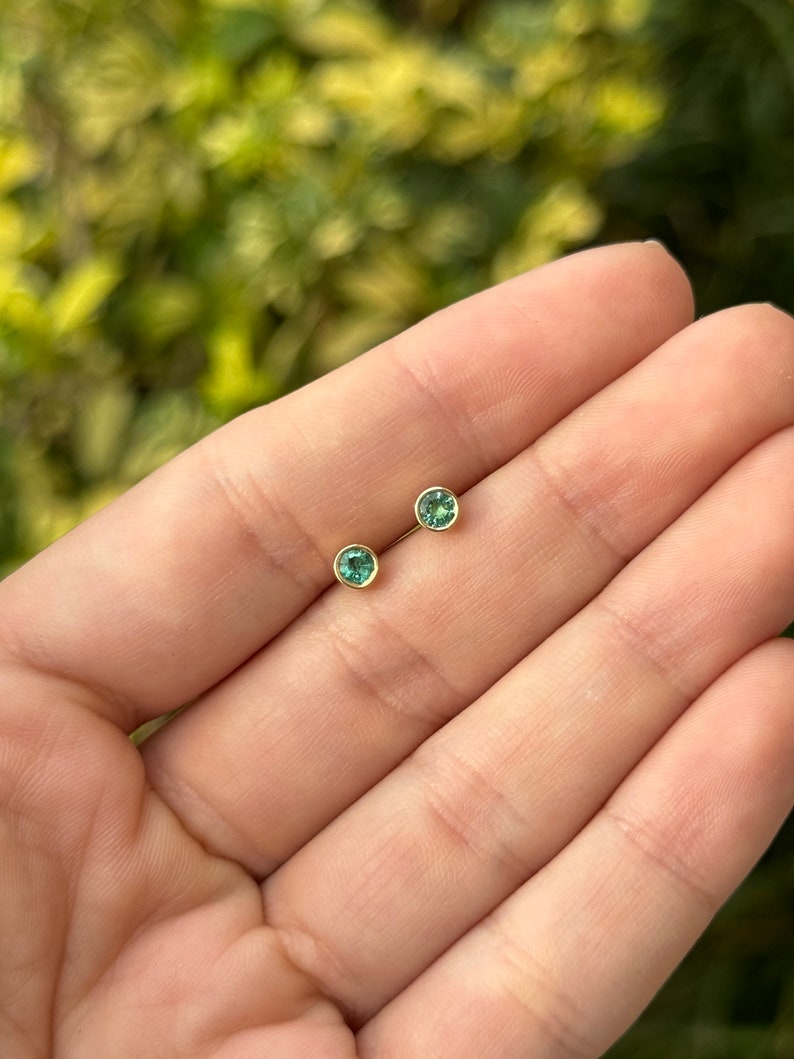 Charming 14K Gold Baby Emerald Studs: Round Cut Perfection in Medium Green