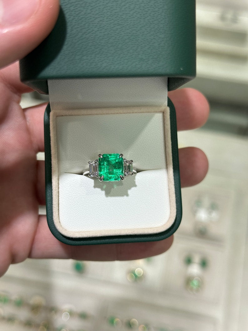 5.10tcw 18K Rich Vivid Green Colombian Emerald & Diamond Three Stone Prong Set Ring - JR Colombian Emeralds