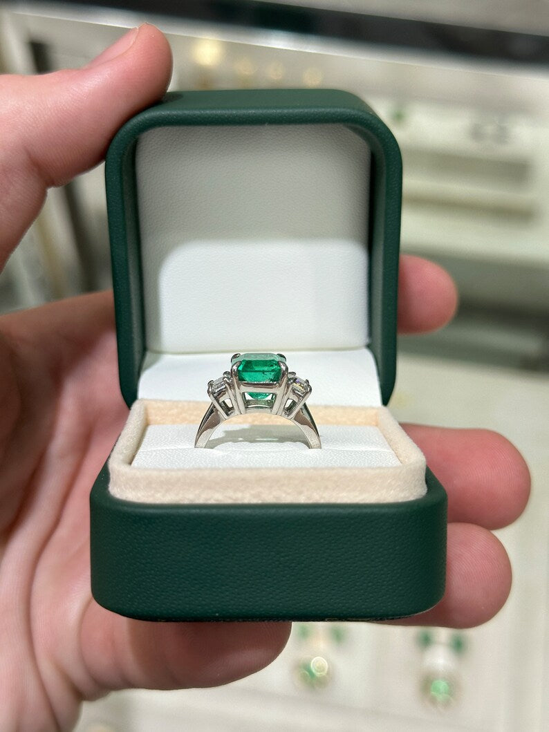 5.10tcw 18K Rich Vivid Green Colombian Emerald & Diamond Three Stone Prong Set Ring - JR Colombian Emeralds