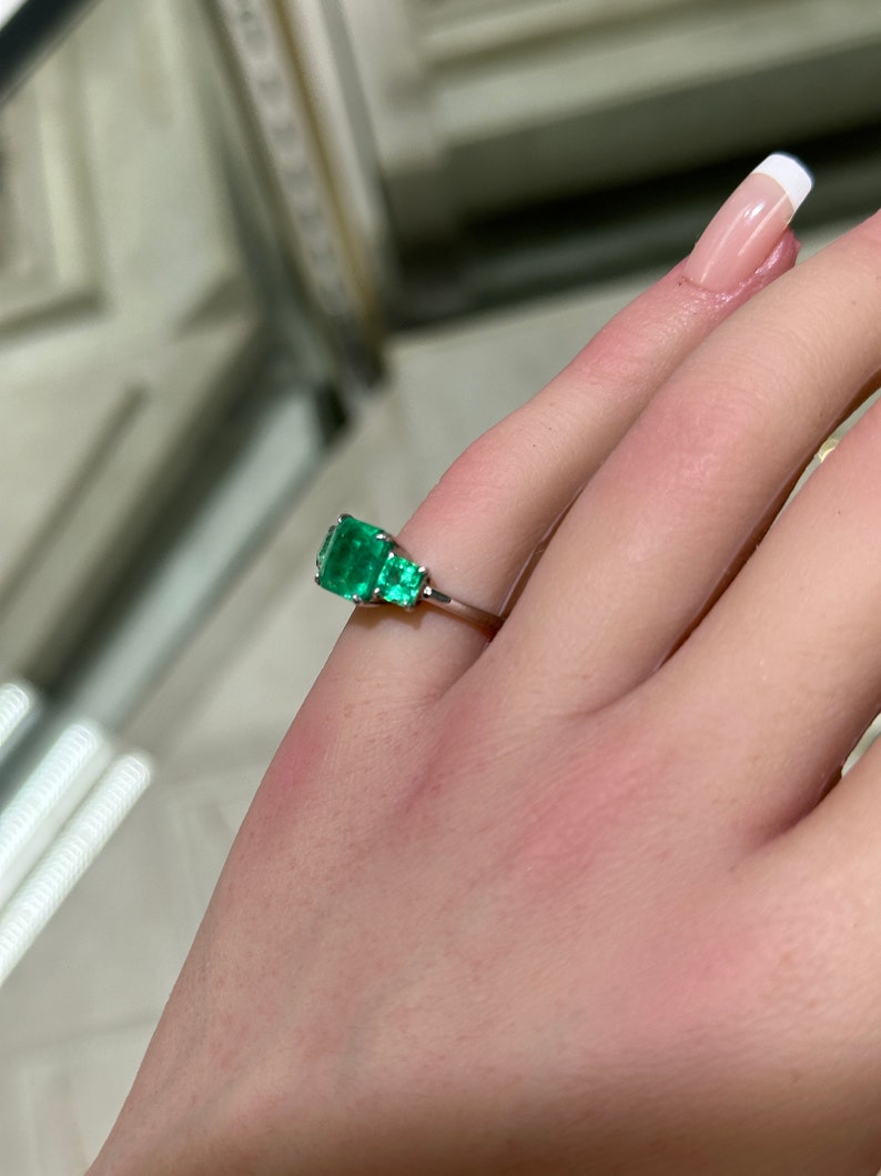 3.37tcw 18K Vivid Asscher Cut Emerald Three Stone Right Hand Engagement Trilogy Ring - JR Colombian Emeralds