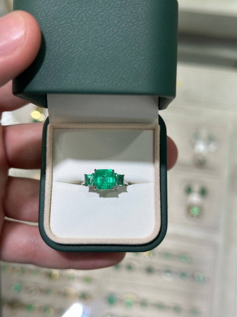 3.37tcw 18K Vivid Asscher Cut Emerald Three Stone Right Hand Engagement Trilogy Ring - JR Colombian Emeralds