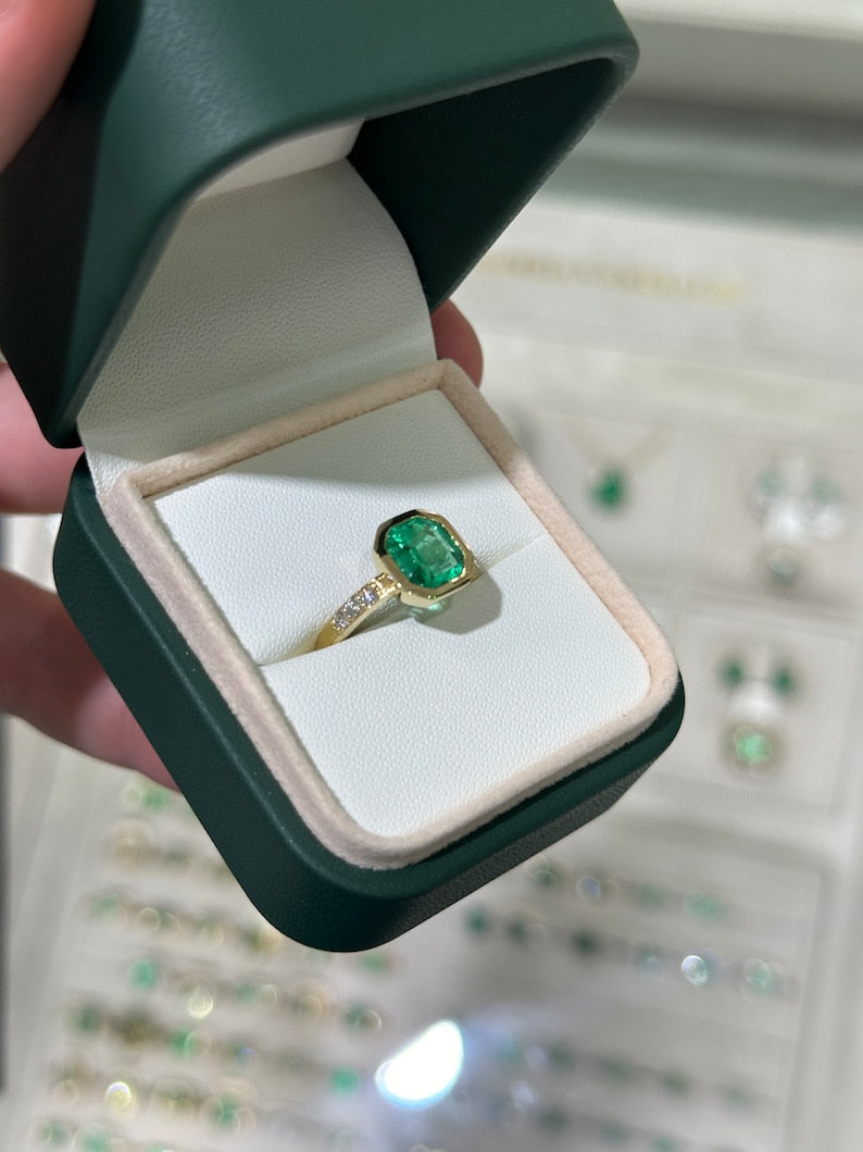 2.47tcw 18K Bezel Set 750 Gold Fine Quality Vivid Rich Green Emerald Cut Diamond Accent Engagement Ring - JR Colombian Emeralds