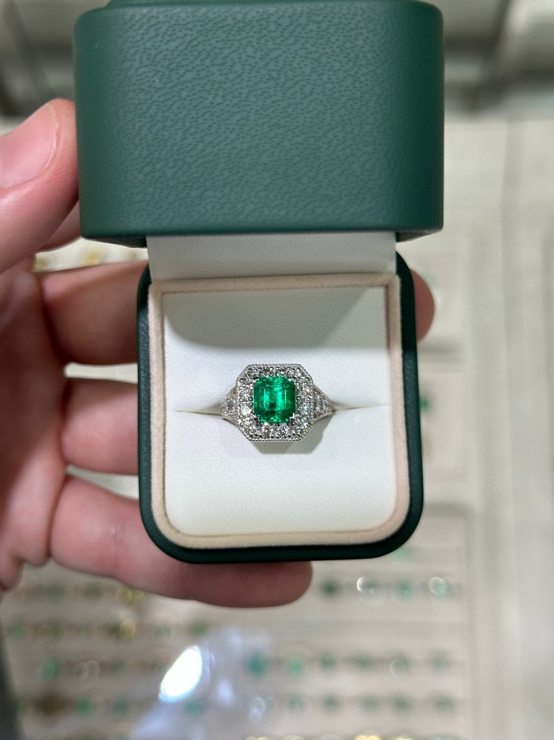 3.08tcw 14K White Gold AAA Fine Quality Rich Vivid Green Emerald Cut Diamond Halo Accent Ring - JR Colombian Emeralds