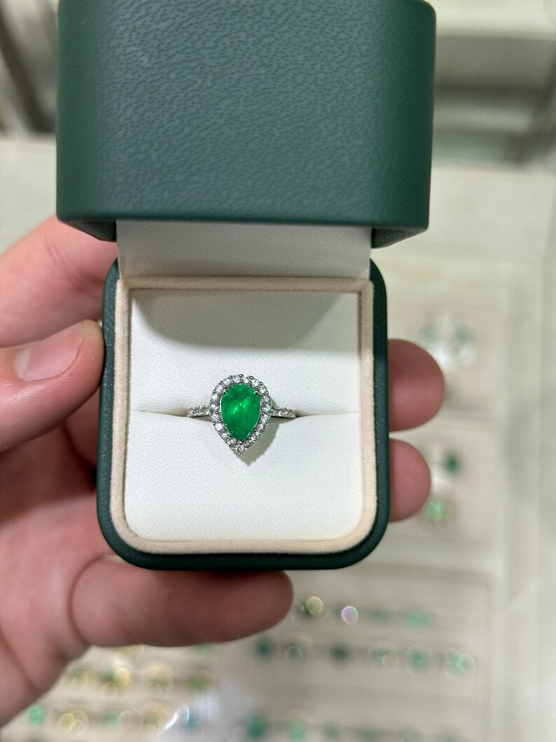 2.66tcw 14K 585 White Gold Pear Cut Vivid Medium Dark Green Emerald & Diamond Halo Accent Engagement Ring - JR Colombian Emeralds