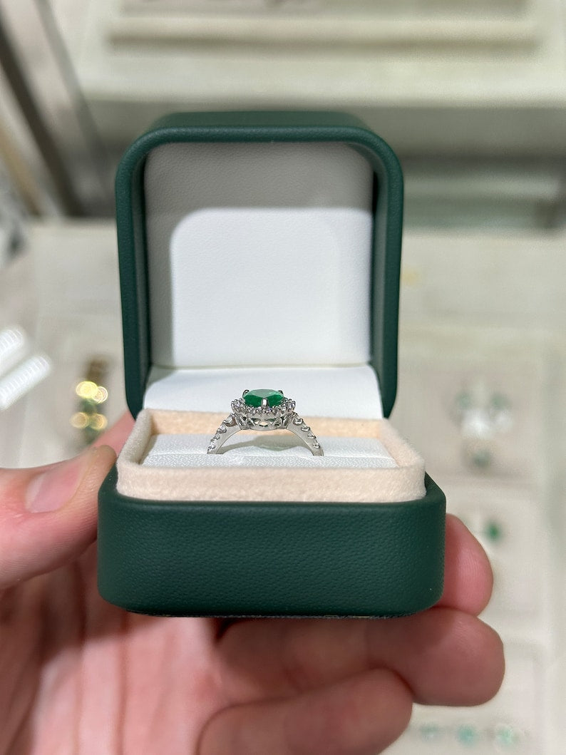 2.66tcw 14K 585 White Gold Pear Cut Vivid Medium Dark Green Emerald & Diamond Halo Accent Engagement Ring - JR Colombian Emeralds