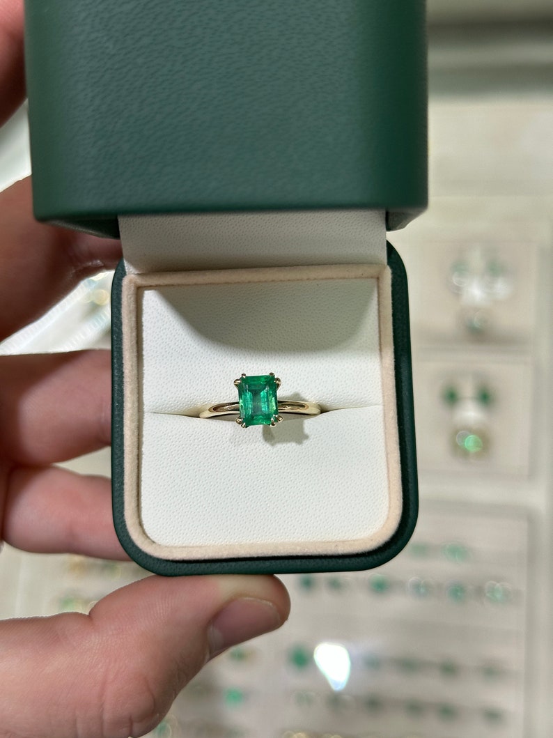 2.50ct 14K Gold Natural Medium Dark Green Emerald Cut Double Claw Prong Solitaire Right Hand Engagement Ring - JR Colombian Emeralds