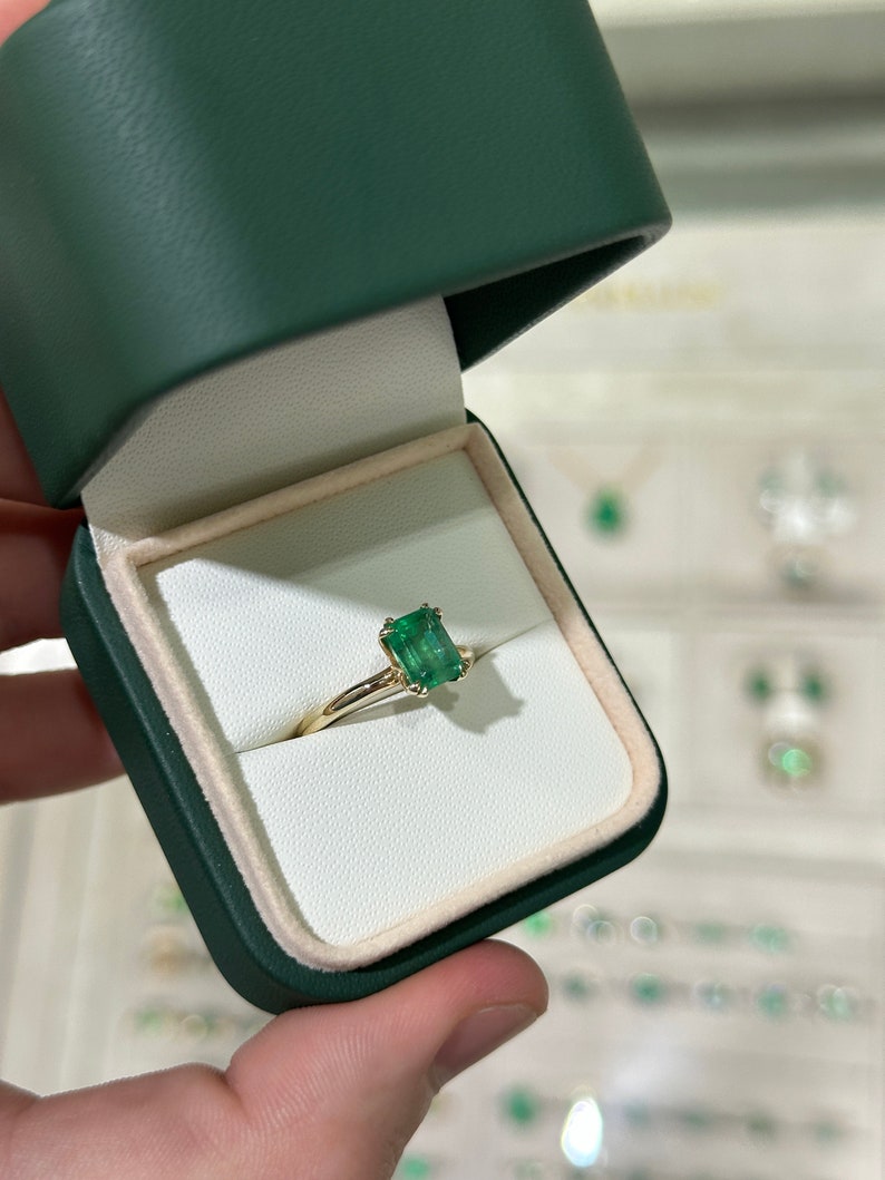 2.50ct 14K Gold Natural Medium Dark Green Emerald Cut Double Claw Prong Solitaire Right Hand Engagement Ring - JR Colombian Emeralds