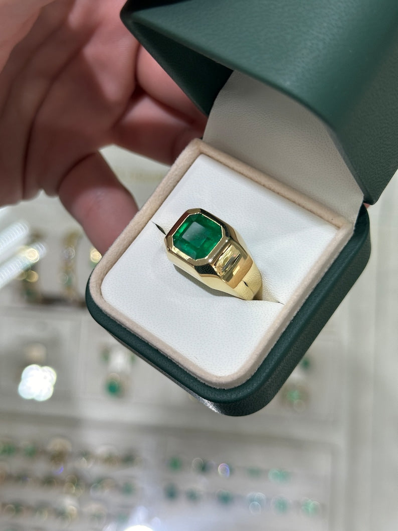 3.60ct 18K Deep Rich Green Fine Quality Emerald Asscher Cut Solitaire Unisex Chunky Men's Ring - JR Colombian Emeralds