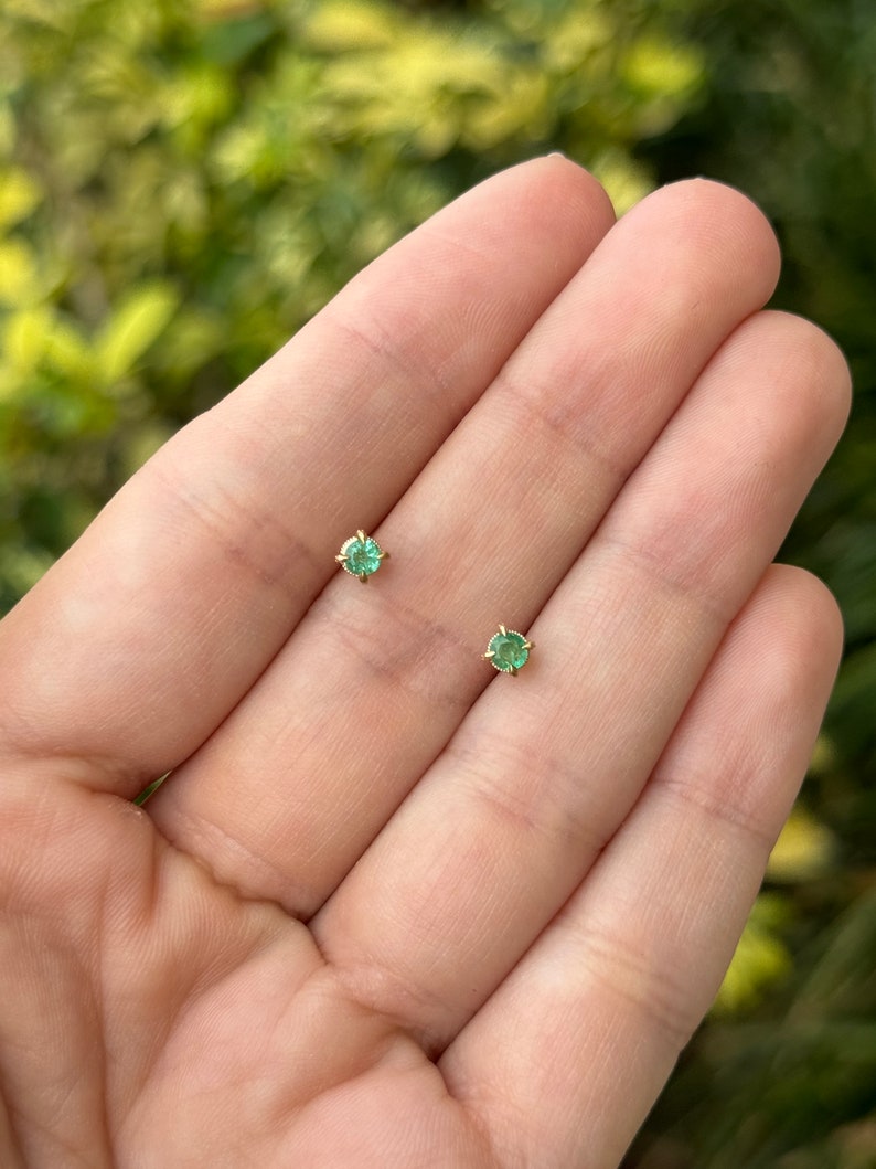 Delicate Round Cut Emerald Earrings, 0.30tcw, 14K Gold Claw Prongs