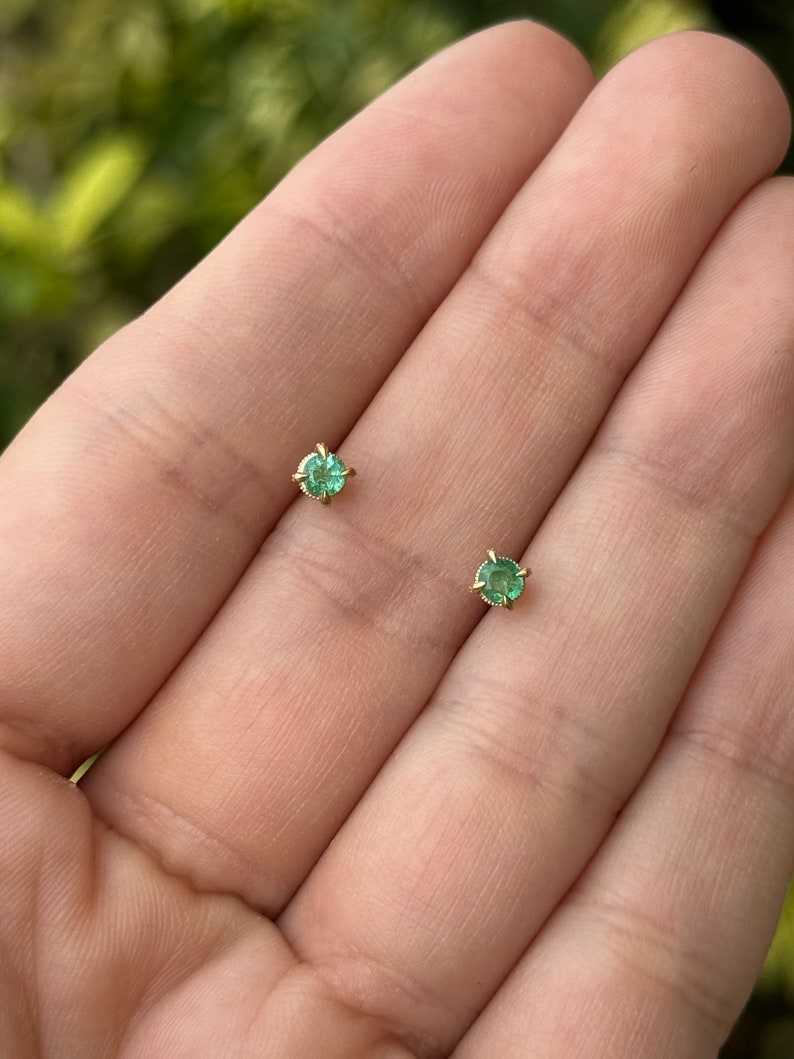 Tiny 3.5mm Emerald Stud Earrings, 14K Gold Setting, Unisex Jewelry