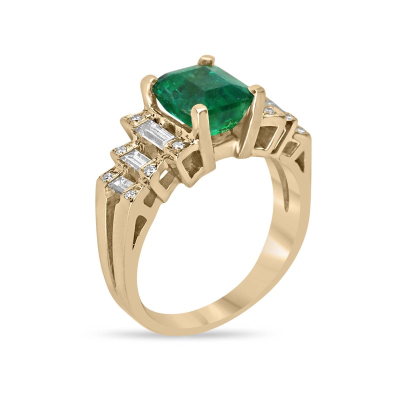 3.57tcw 18K Rich Green Baguette and Round Cut Emerald & Diamond Accent Engagement Ring