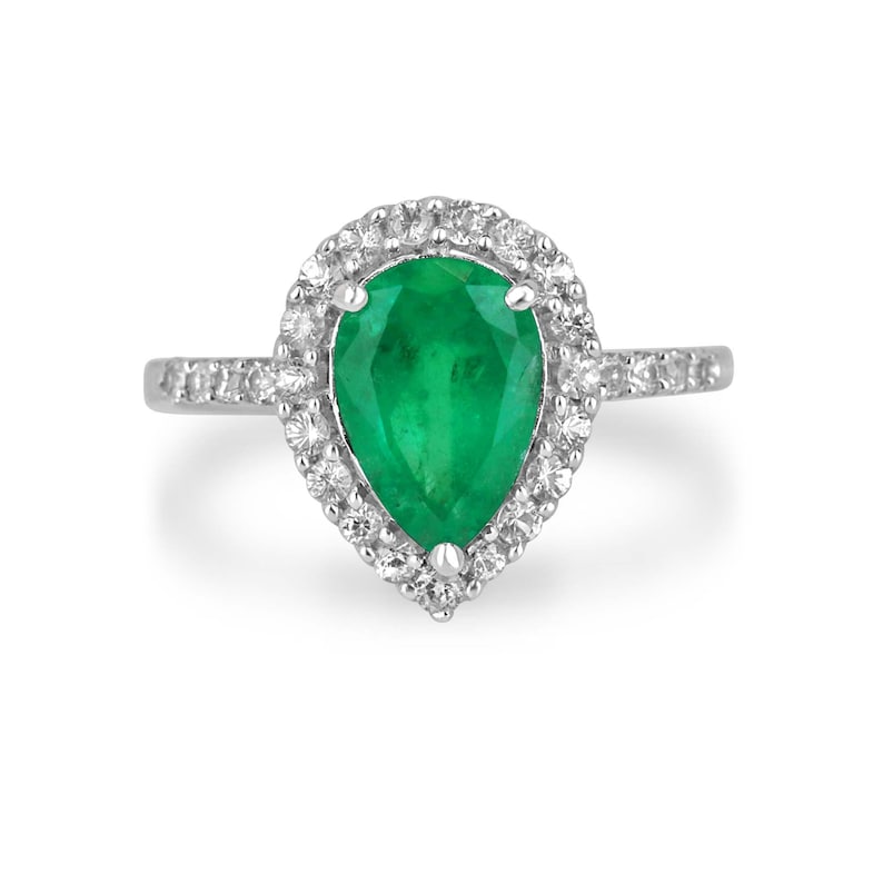 2.66tcw 14K Pear Cut Vivid Medium Dark Green Emerald & Diamond Halo Accent Engagement Ring