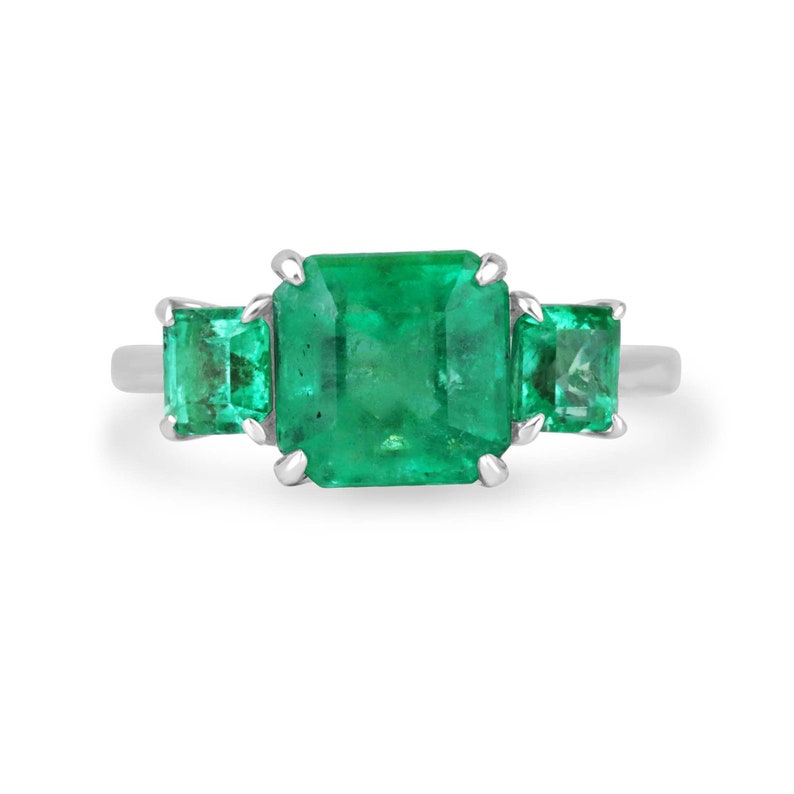 Elegant 18K Vivid Asscher Cut Emerald Trilogy Ring with 3.37 Total Carat Weight for Right Hand Engagement