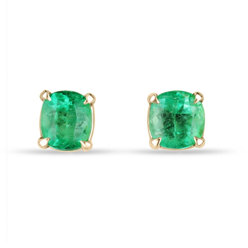 14K Gold Cushion Cut Stud Earrings with 2.41 Total Carat Weight of Lush Emeralds