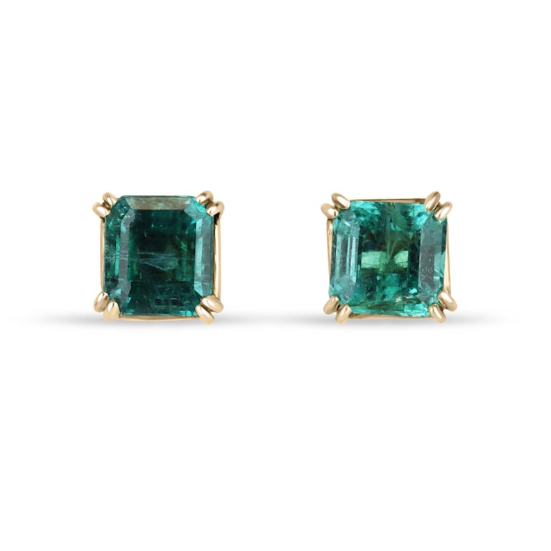 Stunning 14K Natural Deep Sea Green Asscher Cut Emerald Earrings, 2.45tcw