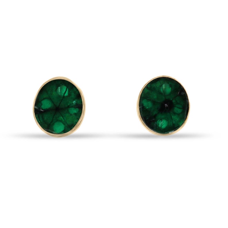 Stylish 18K Colombian Emerald Oval Trapiche Slice Stud Earrings with 3.0tcw