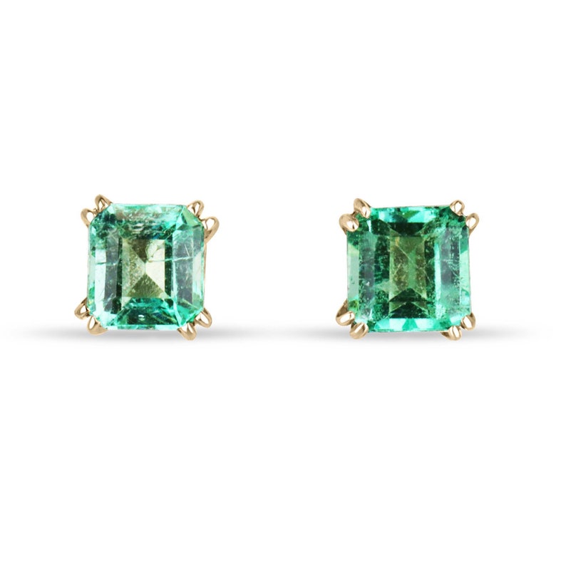 Stunning 14K Emerald Asscher Cut Earrings with 1.73tcw: Vibrant Electric Green Hue and Double Claw Prong Setting