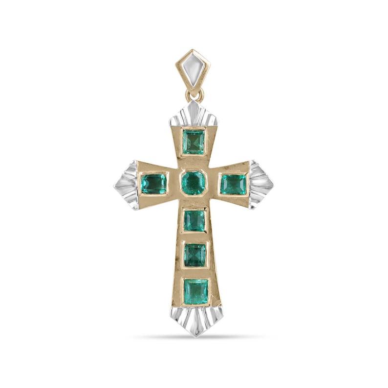 2.55tcw 18K Pre-Columbian Gold Cross with Two-Toned Emerald and Asscher Cut Stones