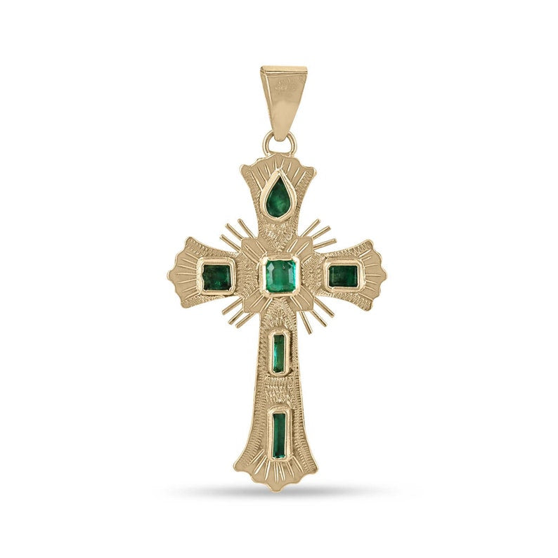 18K Gold Pre-Colombian Cross Pendant Necklace with 0.90tcw Emeralds