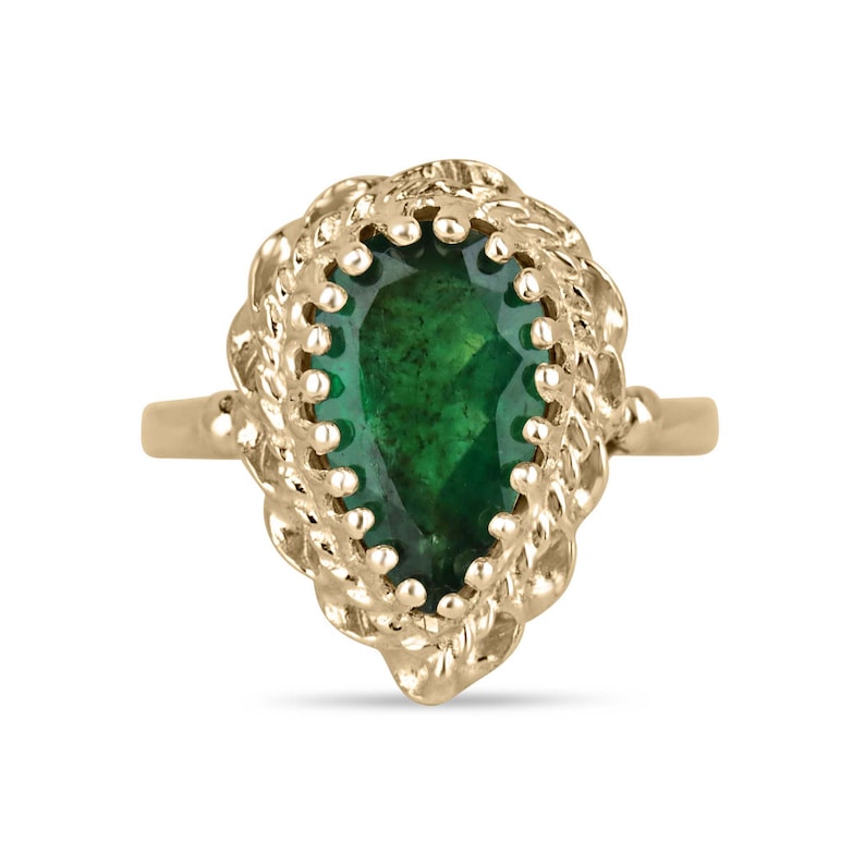 Vintage Inspired Solitaire Ring with 2.02ct Pear Cut Emerald in 14K Gold