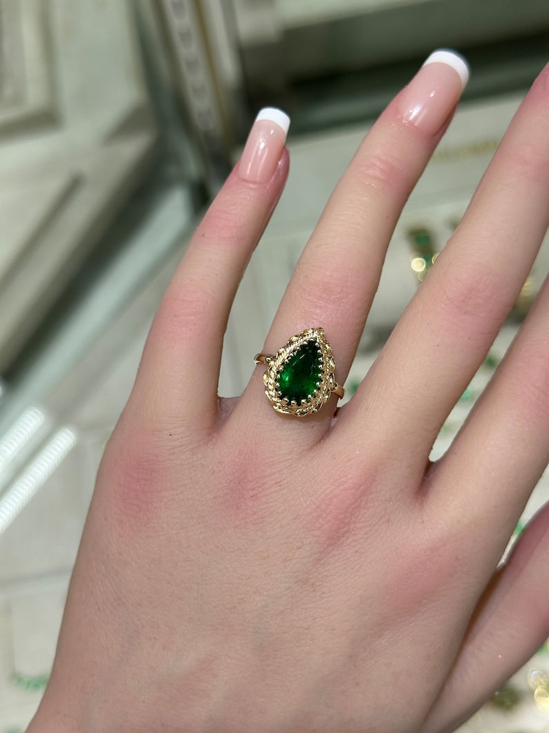 2.02ct 14K Natural Rich Dark Green Pear Cut Emerald Multi-Prong Vintage Styled Solitaire Ring - JR Colombian Emeralds