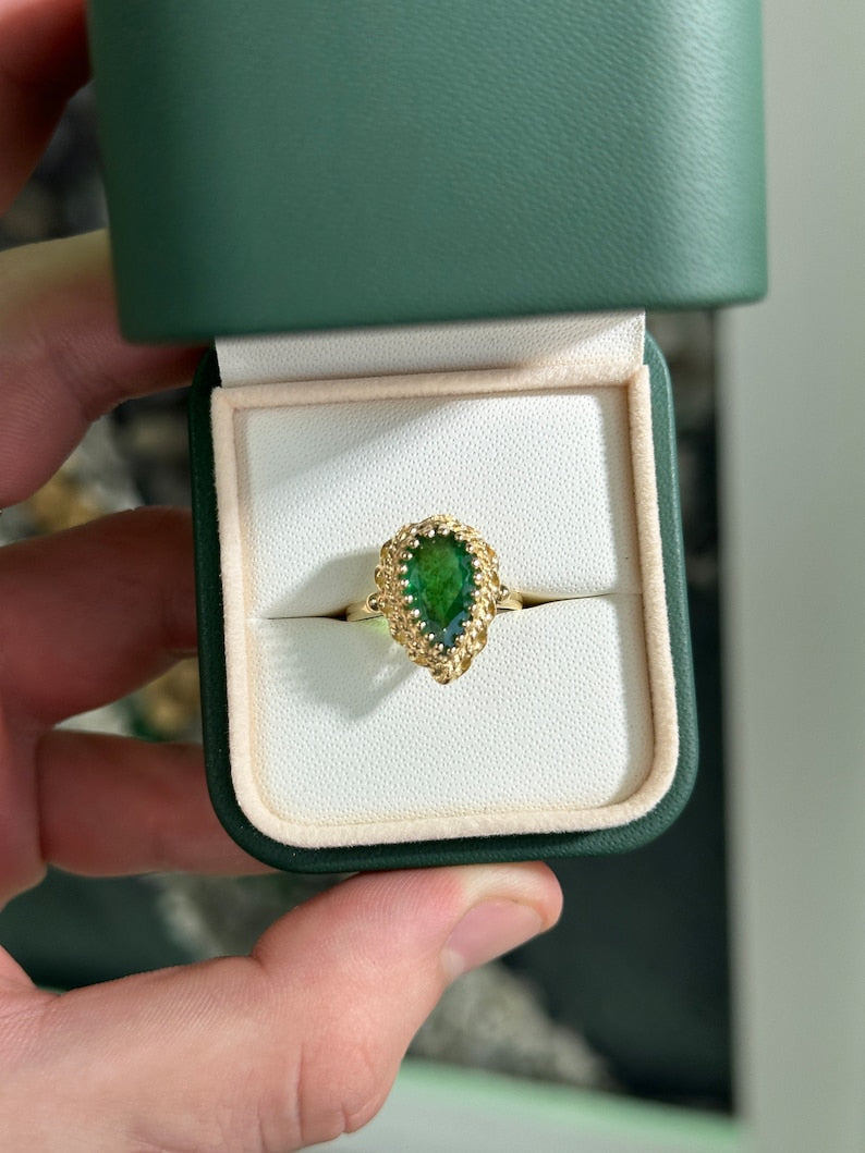 2.02ct 14K Natural Rich Dark Green Pear Cut Emerald Multi-Prong Vintage Styled Solitaire Ring - JR Colombian Emeralds