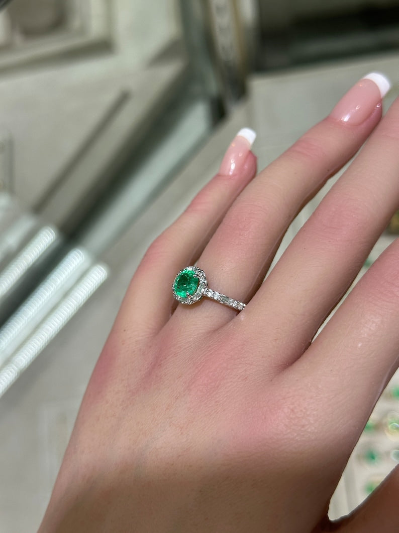 1.55tcw 14K Vivid Medium Vivid Green Cushion Cut Emerald & Round Baguette Diamond Halo Engagement Ring 585 - JR Colombian Emeralds