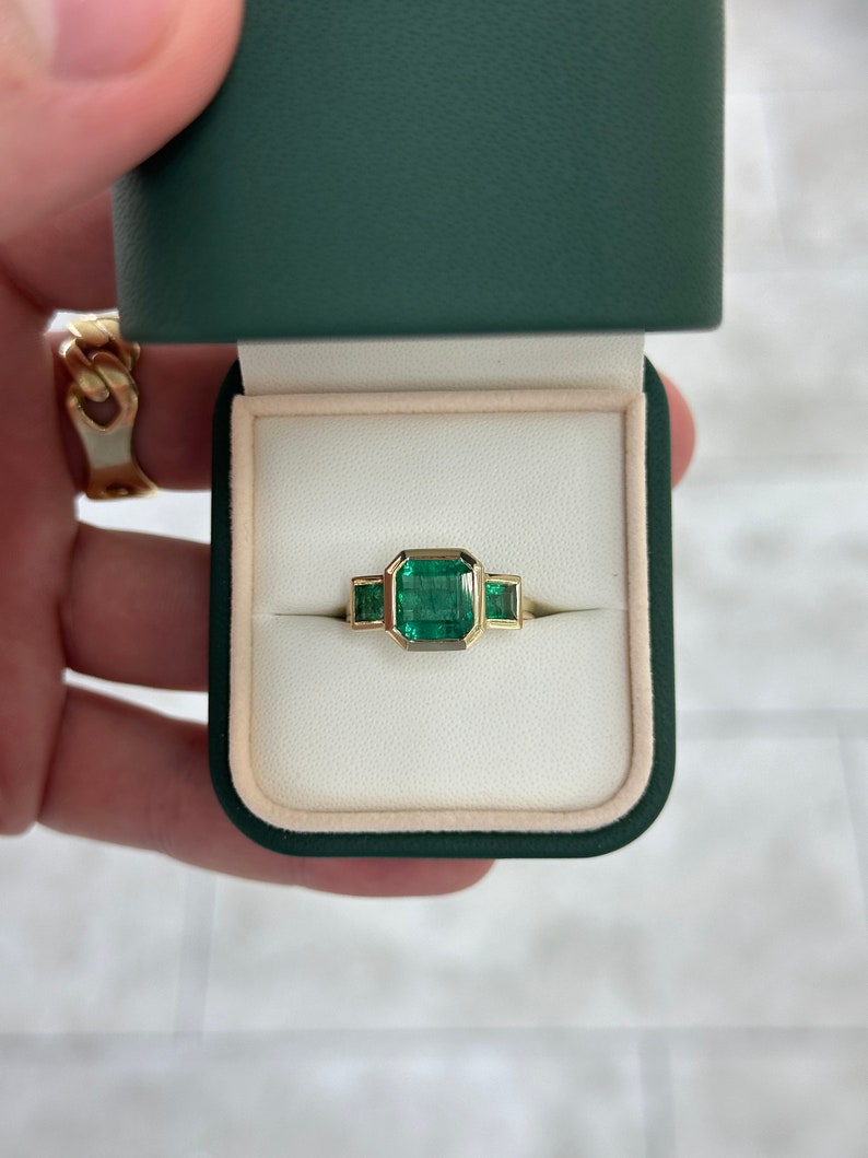 4.08tcw 14K Gold Rich Green Asscher Princess Cut Emerald Trilogy Three Stone Right Hand Ring - JR Colombian Emeralds