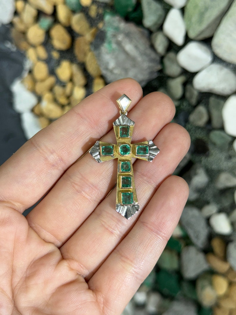 2.55tcw 18K Natural Pre-Colombian Unisex Two Toned Yellow White Gold Emerald Cross Pendants - JR Colombian Emeralds