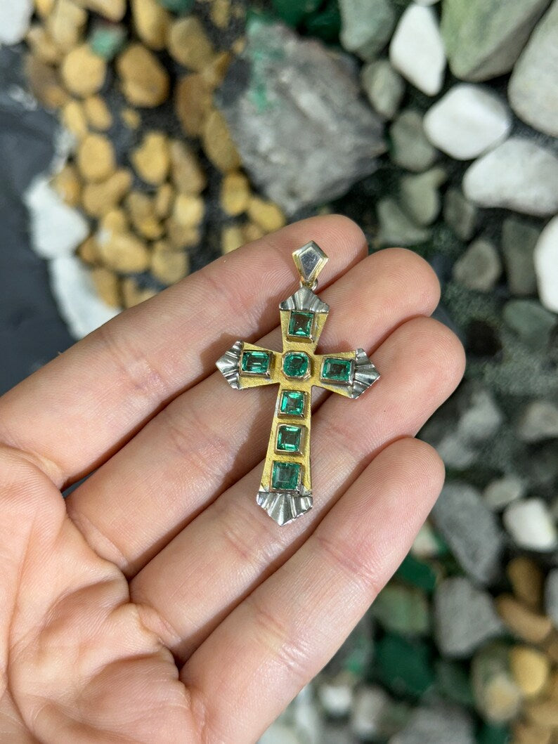 2.55tcw 18K Pre-Colombian Gold Cross, Two-Toned Emerald & Asscher Set