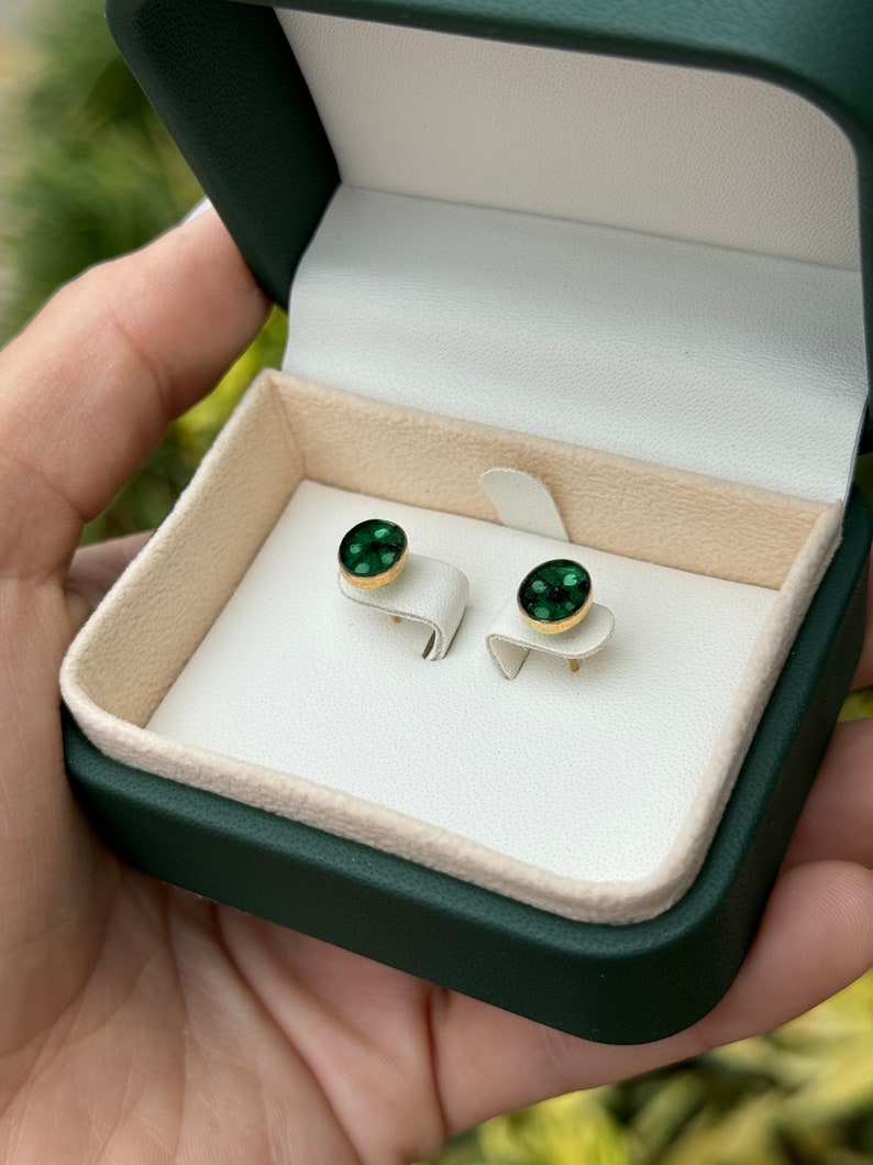 3.0tcw 18K Natural Rich Dark Green Colombian Emerald Oval Trapiche Slice Stud Earrings - JR Colombian Emeralds