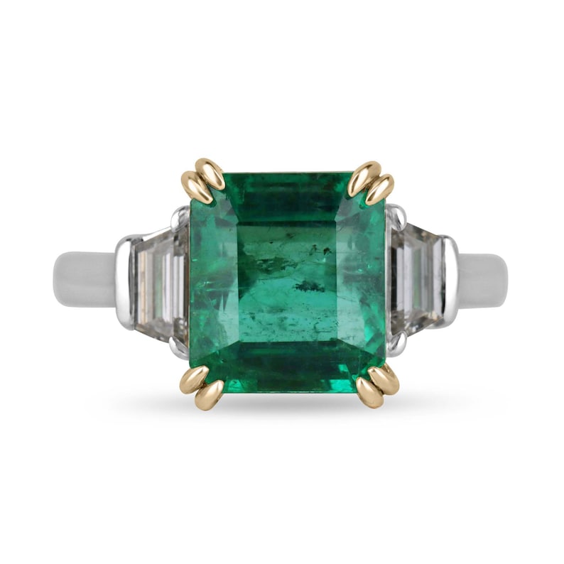 Luxurious 18K Platinum Ring with 4.85 Total Carat Weight Asscher Cut Emerald & Diamond Trio