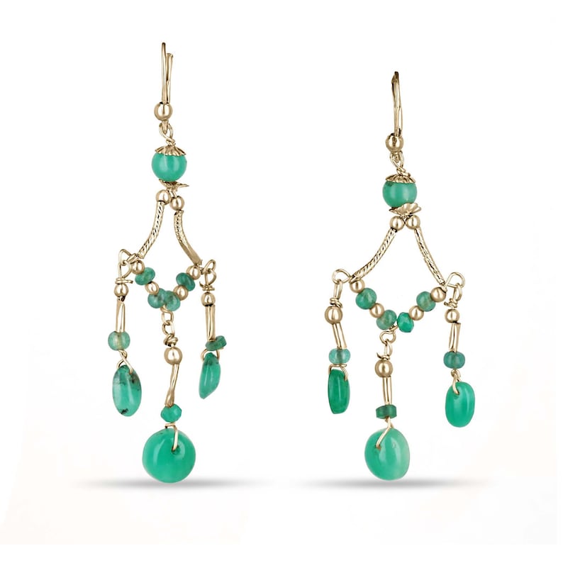 Elegant Natural Emerald Bead Earrings with 14K Gold and Silver Chandelier Dangle Style