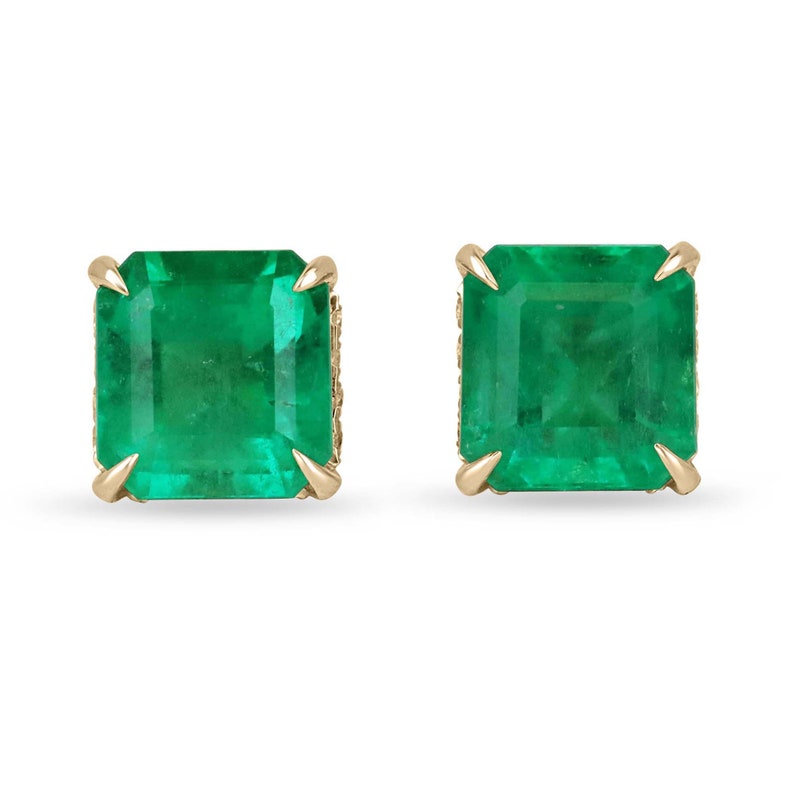 9.28tcw 18K Colombian Emerald & Diamond Stud Earrings, Asscher Cut, Prong Set 750