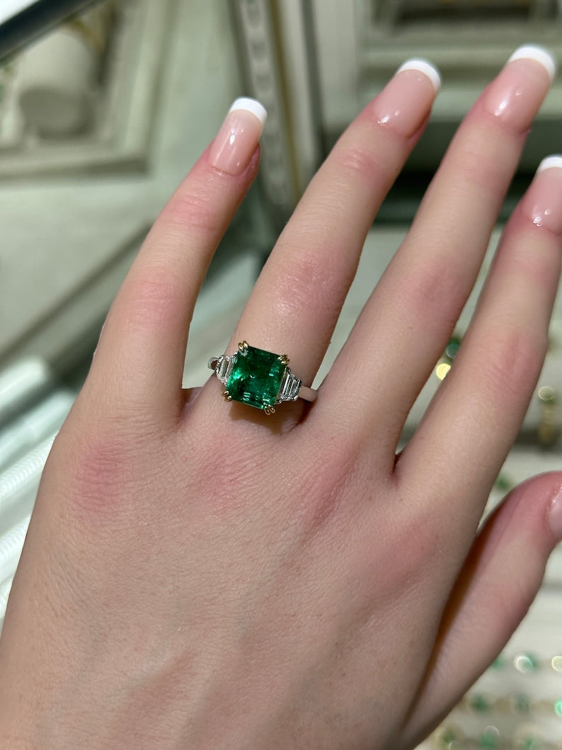 Charming 4.85tcw Asscher Emerald Ring Accented with Trapezoid Diamonds in 18K Gold