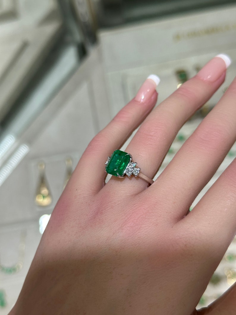 4.51tcw 14K Natural Dark Lush Green Emerald Brilliant Round Cut Diamond 7 Stone Engagement Ring - JR Colombian Emeralds