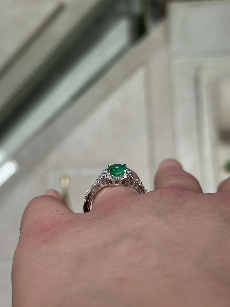 1.55tcw Colombian Emerald & Diamond Halo Ring in 14K Gold