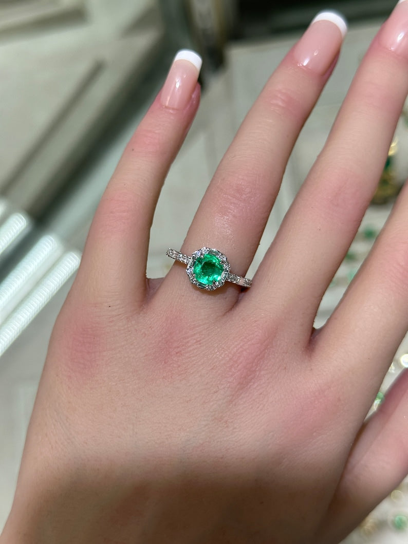 Gorgeous 1.55tcw Colombian Emerald with Diamond Halo in 14K Gold Setting