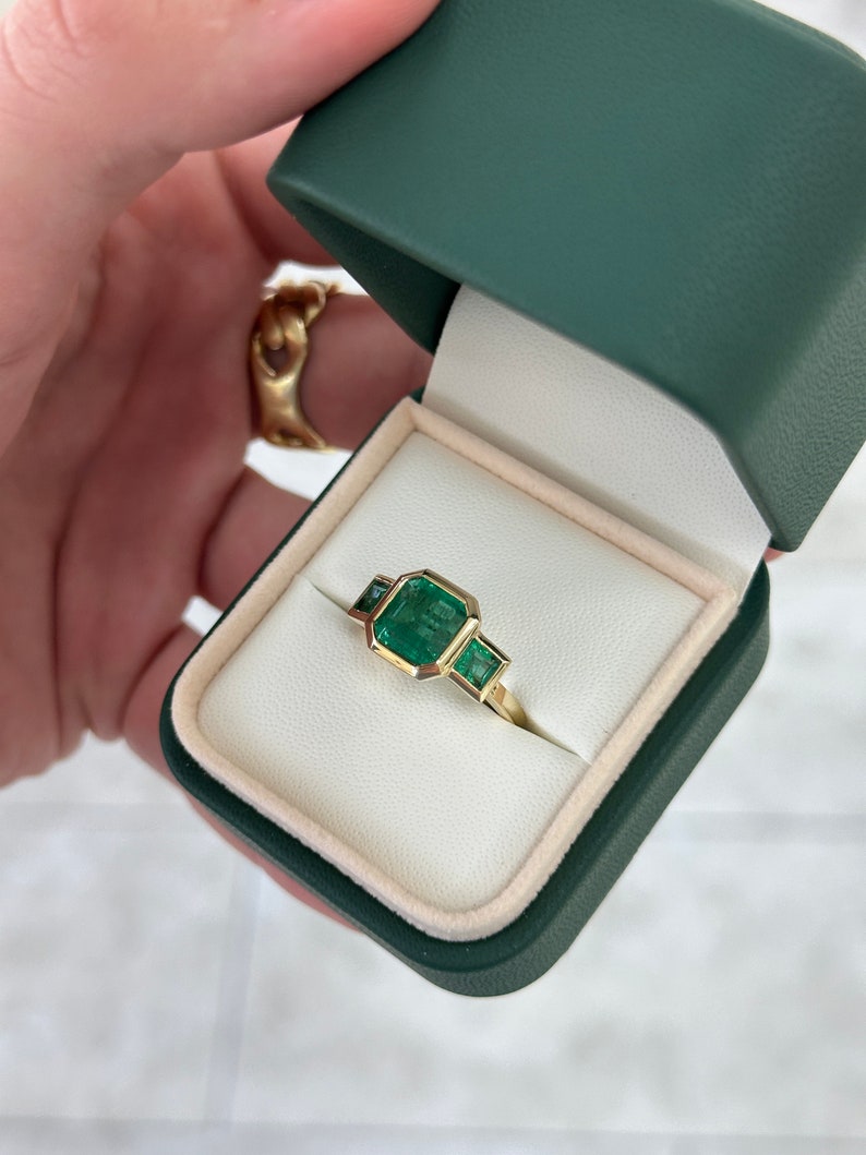 4.08tcw 14K Gold Rich Green Asscher Princess Cut Emerald Trilogy Three Stone Right Hand Ring - JR Colombian Emeralds