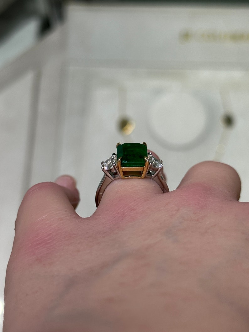 18K Platinum Ring Featuring AAA Grade Emerald and Half Moon Diamond Trio, 4.79tcw