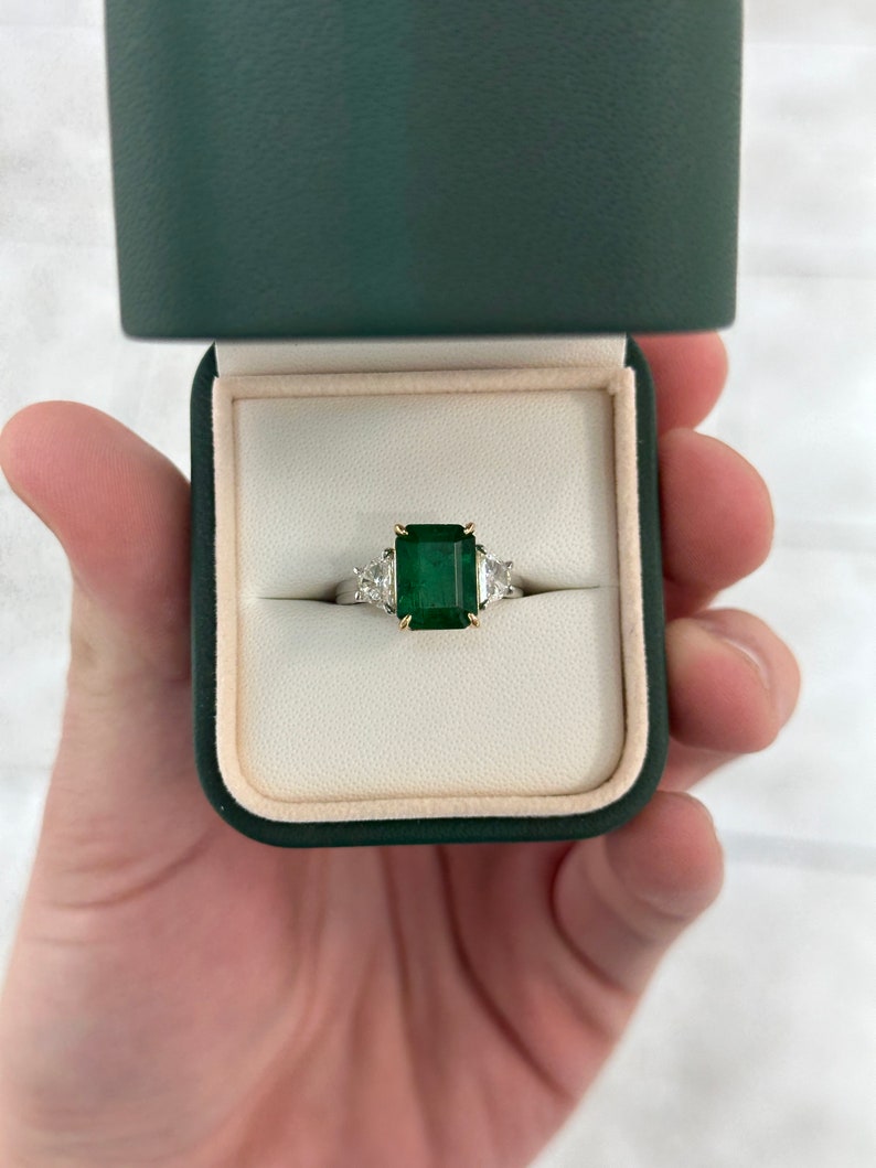 4.79tcw 18K PLAT AAA Fine Quality Dark Rich Green Emerald & 3 Stone VVS2 Half Moon Diamond Prong Ring - JR Colombian Emeralds