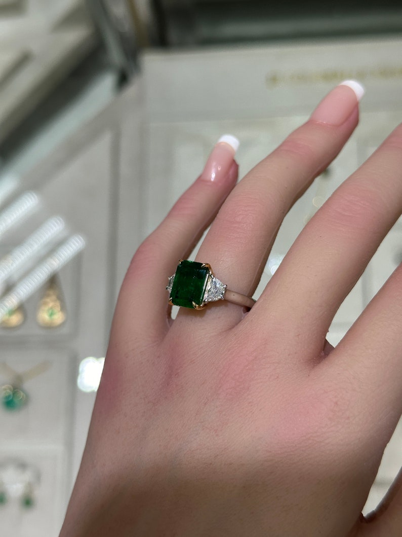 4.79tcw 18K PLAT AAA Fine Quality Dark Rich Green Emerald & 3 Stone VVS2 Half Moon Diamond Prong Ring - JR Colombian Emeralds