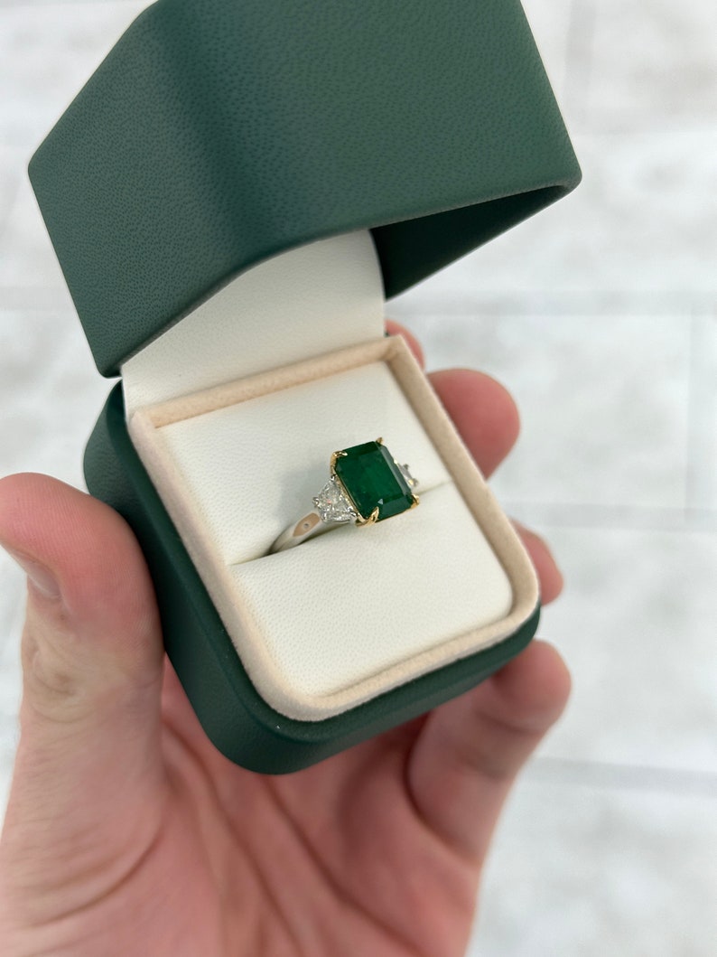 4.79tcw 18K PLAT AAA Fine Quality Dark Rich Green Emerald & 3 Stone VVS2 Half Moon Diamond Prong Ring - JR Colombian Emeralds