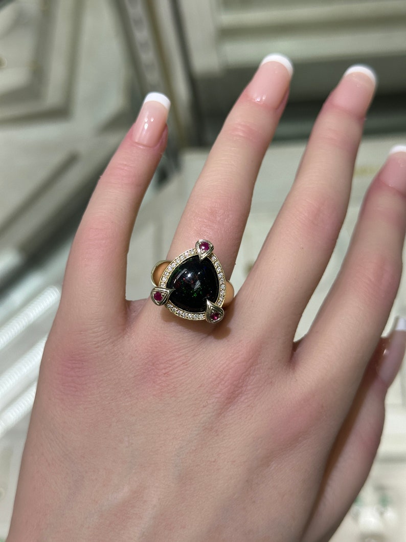 Opulent Dark Opal Pear Cushion Cut Ring 12.5 Grams, 18K Gold